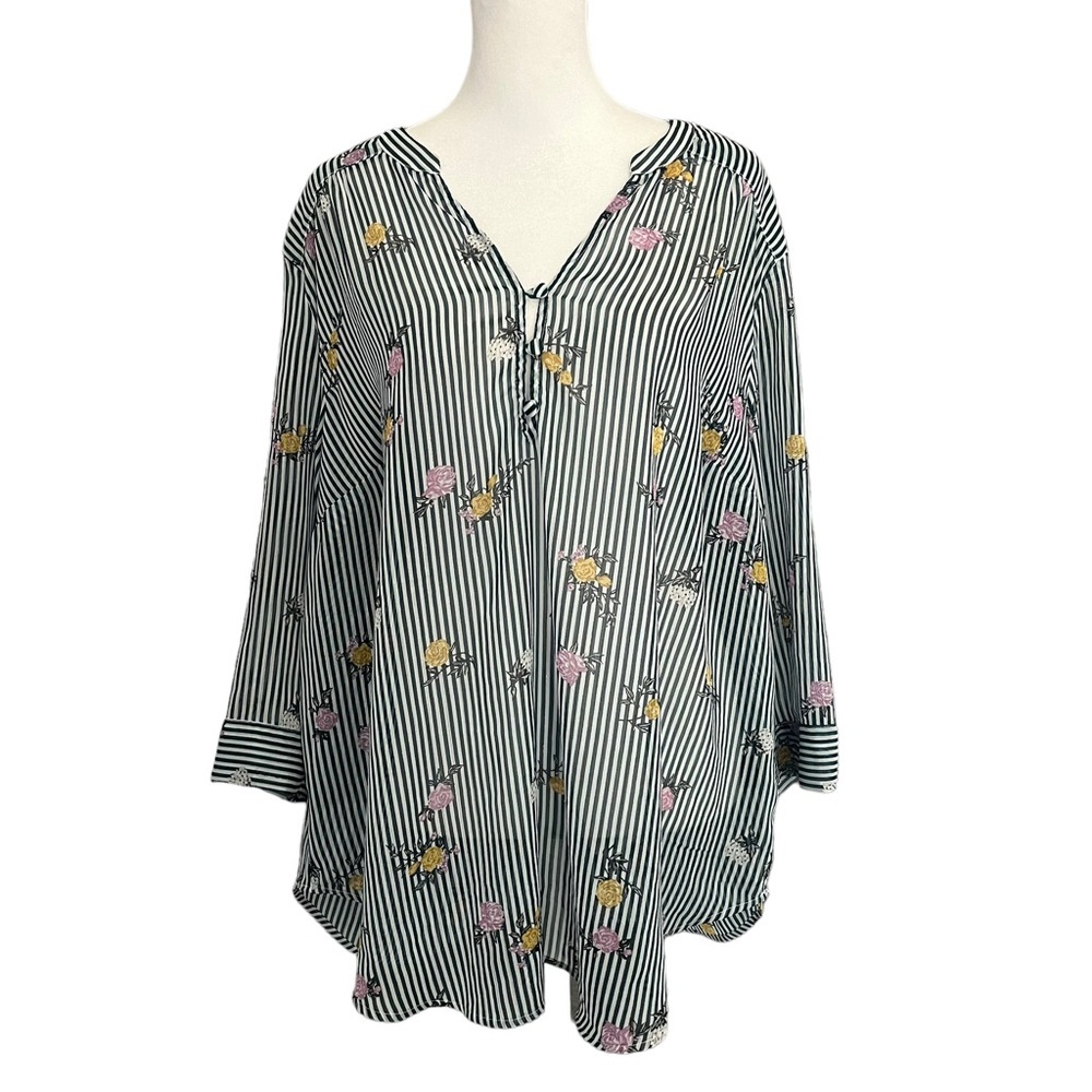 torrid Black and White Striped Floral Button-Front Blouse